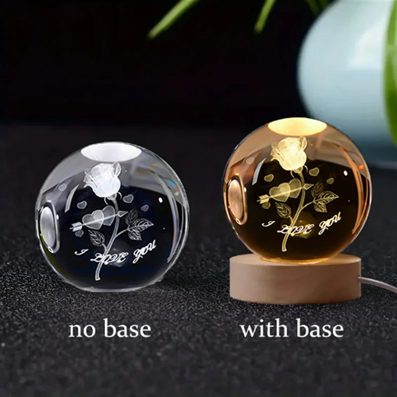 6Cm 3D Crystal Ball Glass Planet LED Warm Night Light Laser Engraved Solar System Globe Universe Birthday Gift Wooden Base