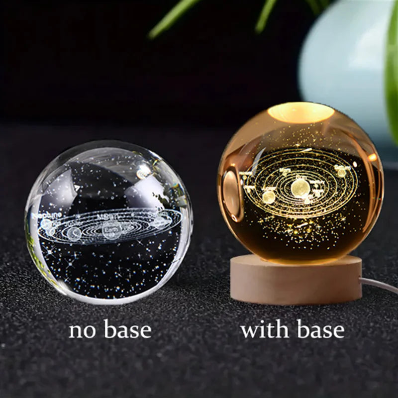 6Cm 3D Crystal Ball Glass Planet LED Warm Night Light Laser Engraved Solar System Globe Universe Birthday Gift Wooden Base