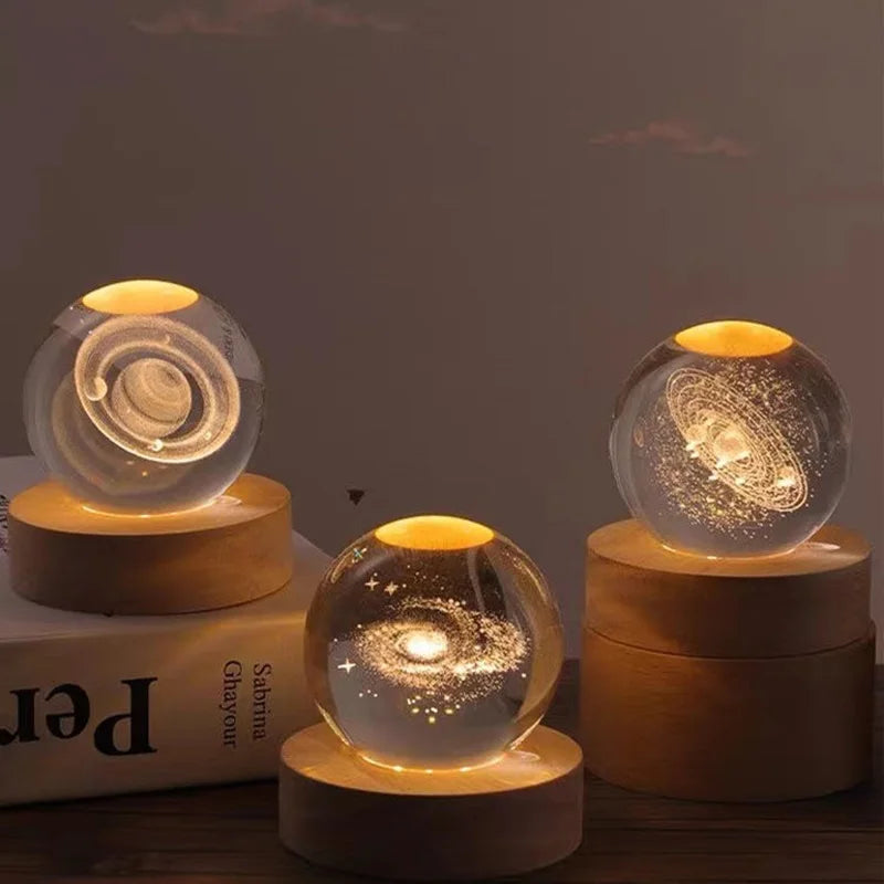 6Cm 3D Crystal Ball Glass Planet LED Warm Night Light Laser Engraved Solar System Globe Universe Birthday Gift Wooden Base