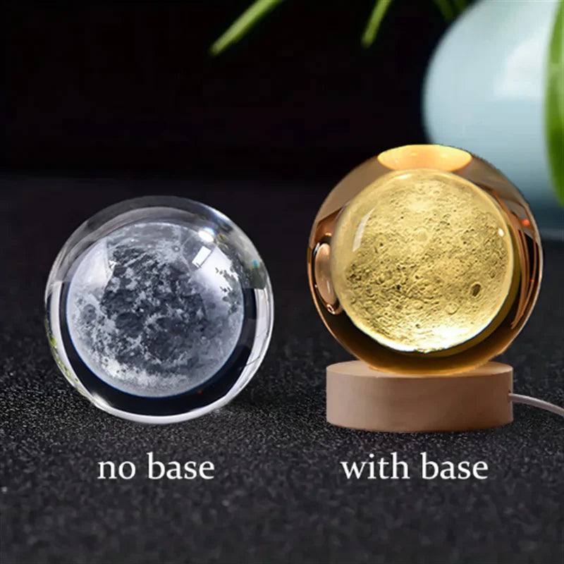 6Cm 3D Crystal Ball Glass Planet LED Warm Night Light Laser Engraved Solar System Globe Universe Birthday Gift Wooden Base