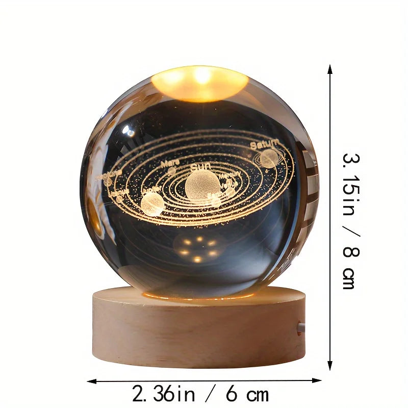 6Cm 3D Crystal Ball Glass Planet LED Warm Night Light Laser Engraved Solar System Globe Universe Birthday Gift Wooden Base