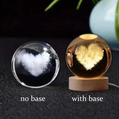 6Cm 3D Crystal Ball Glass Planet LED Warm Night Light Laser Engraved Solar System Globe Universe Birthday Gift Wooden Base