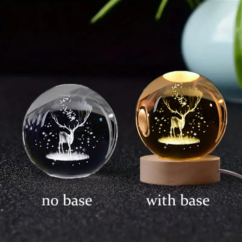 6Cm 3D Crystal Ball Glass Planet LED Warm Night Light Laser Engraved Solar System Globe Universe Birthday Gift Wooden Base