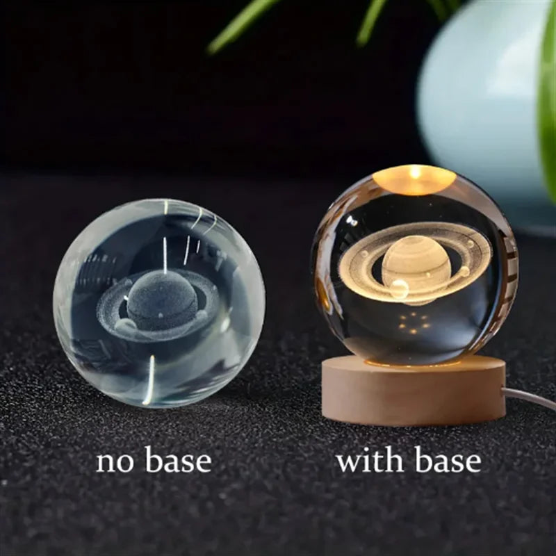 6Cm 3D Crystal Ball Glass Planet LED Warm Night Light Laser Engraved Solar System Globe Universe Birthday Gift Wooden Base