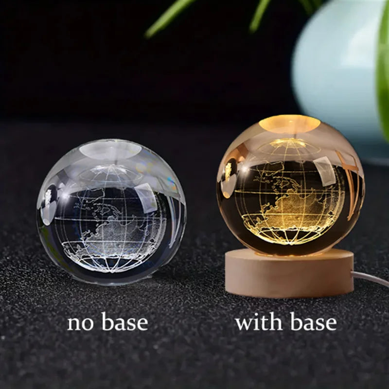 6Cm 3D Crystal Ball Glass Planet LED Warm Night Light Laser Engraved Solar System Globe Universe Birthday Gift Wooden Base