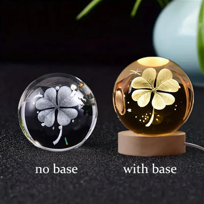 6Cm 3D Crystal Ball Glass Planet LED Warm Night Light Laser Engraved Solar System Globe Universe Birthday Gift Wooden Base